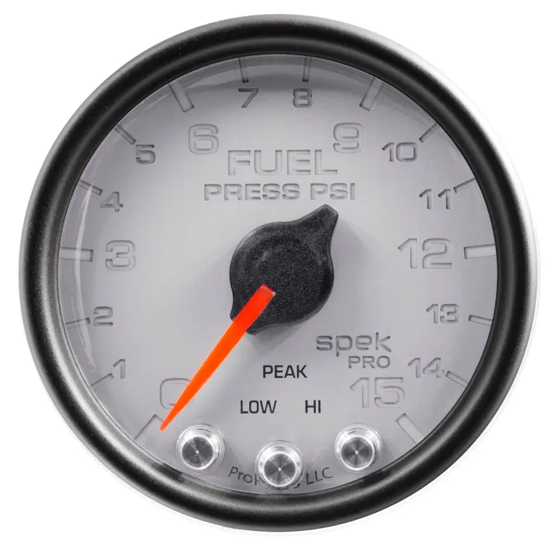 Autometer 2-1/16" Fuel Pressure Gauge – 15 Psi, Stepper Motor With Peak Hold & Warning, Silver/Black Face 1