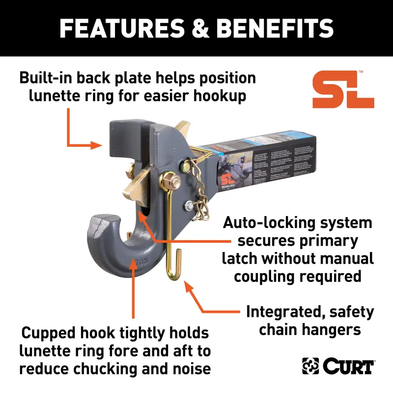 Curt Securelatch Pintle Hook With 2-Inch Shank – 14,000 Lb Capacity, Fits 2.5" Or 3" Lunette Rings (Model 48405) 1