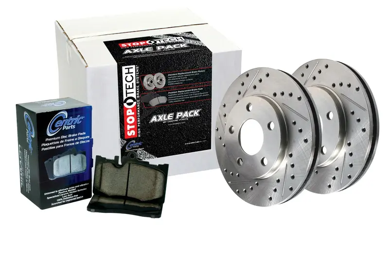 Stoptech 979.34050R Sport Axle Pack – Rear Drilled Rotors With Stainless Brake Lines 1