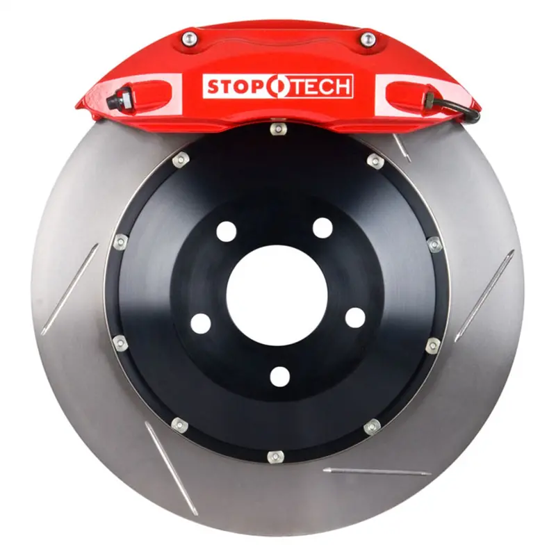 Stoptech Big Brake Kit – Front Drilled Two-Piece Rotors With Red Calipers 1